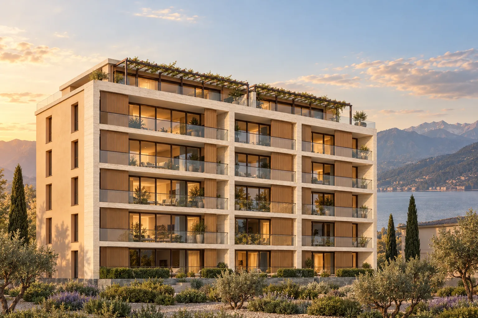 Ventaluce al tramonto: palazzina di sei livelli con telaio in travertino, logge profonde, frangisole scorrevoli in legno e attico con pergola, tra ulivi e cipressi sopra il lago — visualizzazione indicativa