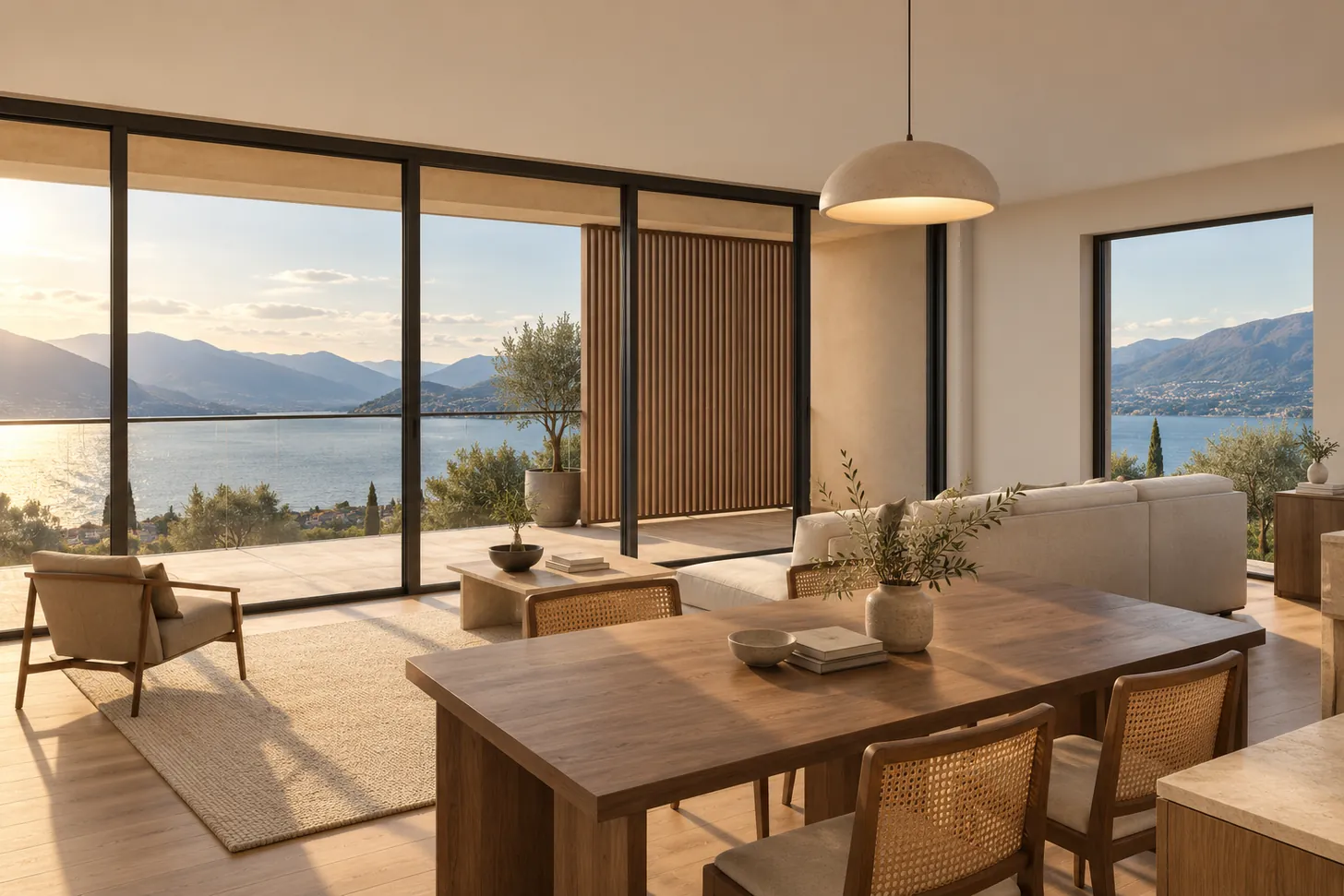 Soggiorno e zona pranzo dell'abitazione 2.1: vetrate a tutta altezza sulla loggia, parquet di rovere, tavolo in noce, vista sul lago e sulle colline — visualizzazione indicativa