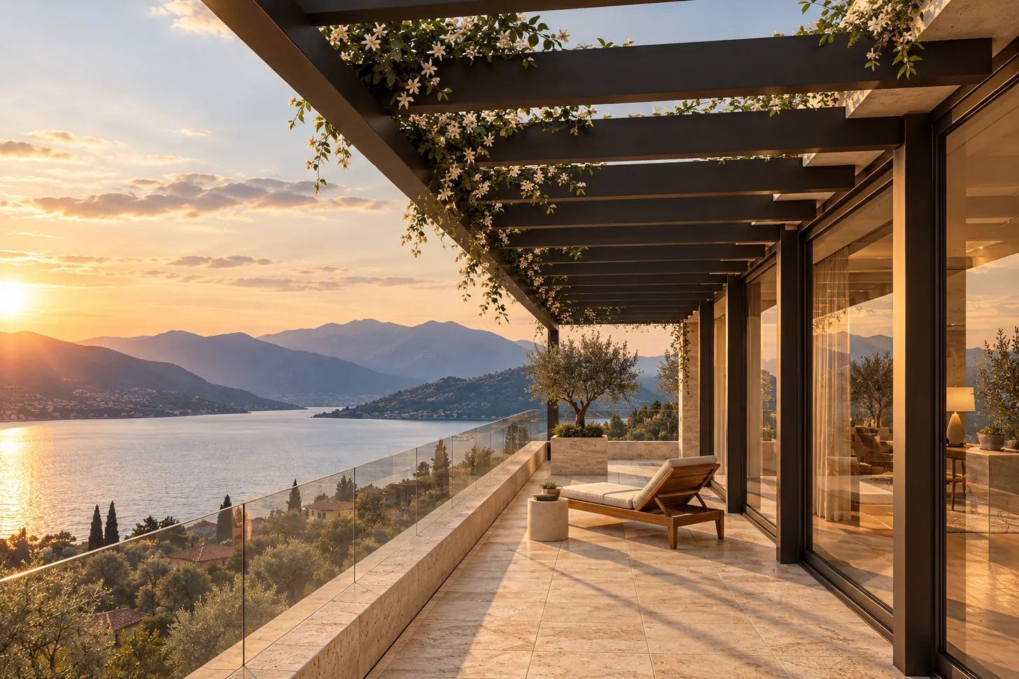 Terrazza dell'attico 5.1 sotto la pergola in bronzo, pavimento in travertino, ulivo in vaso e lago al tramonto — visualizzazione indicativa